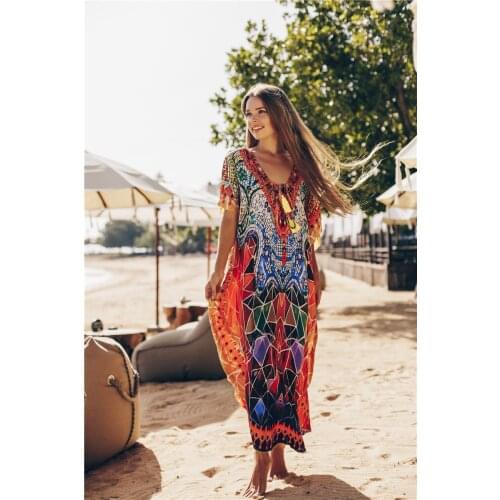 Bohemian Kaftan Beach Tunic Cotton Beach Dress Saida De Praia Swimsuit Women Bikini Cover Up Pareo Sarong Beachwear
