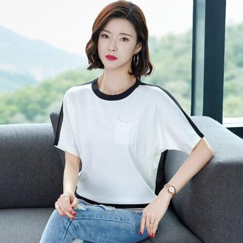 Ice Silk Short Sleeve T-shirt Womens New Summer Round Collar Striped Top Female Loose Fashion Plus Size T-shirts Clothes H9225