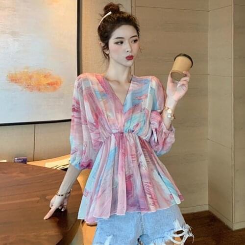 Bella Philosophy 2020 Spring Women Bohemian Lantern Half Sleeve Blouse Lady V-neck Elegant Chiffon Shirts Female Ruffle Blouse