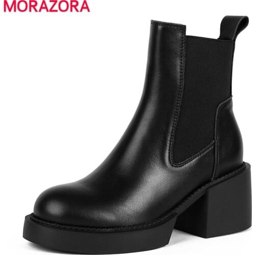 MORAZORA 2021 New Genuine Leather Boots Square High Heels Autumn Winter Ankle Boots For Women Brand Chelsea Boots Fashion Shoes