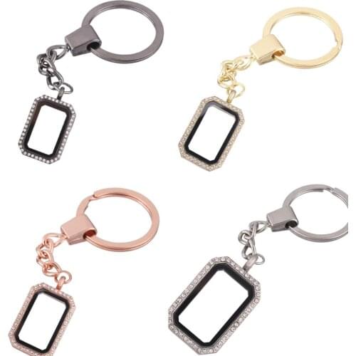 10pcs/lot Mixed color Rectangle crystal Alloy twist Memory Living Magnet Glass Key Ring Keychains Locket fit for Floating charms