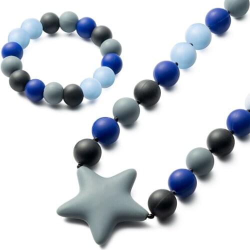 2Pcs/set Sensory Chew Necklace Bracelet Blue Grey Black Silicone Beads Teether Toy Jewelry Baby Shower Pregnant Gift for Infant