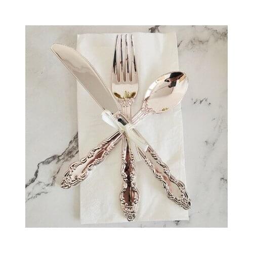 24Pcs Plastic Cutlery Set Solid Knives Forks Spoons Set Rose Gold Bride Shower Wedding Baptism Party Supplies 20cm