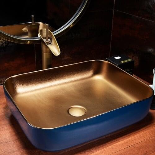 48x38 Gold and Blue Wash Hand Basins Ceramic Bathroom Sinks Home Hotel High-end Golden Single Basin