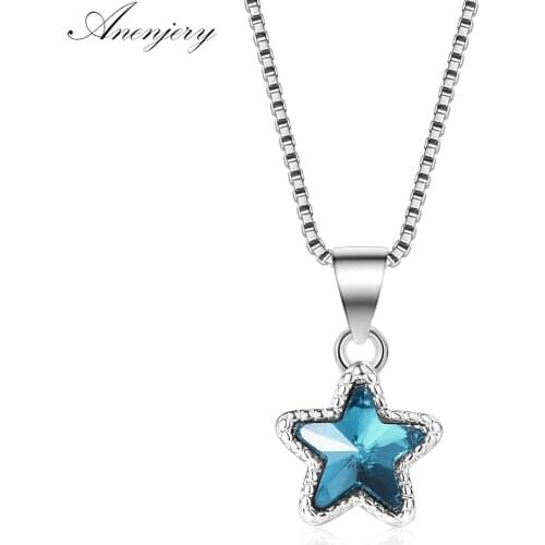 ANENJERY 925 Sterling Silver Simple Blue Crystal Star Pendant Clavicle Chain Necklace For Women Girl Best Gift collier S-N290