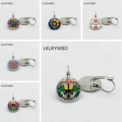 Bohemian Flower Bird Pattern Earrings Silver Bronze Earrings Glass Pendant Earrings Fashion Lady Girl Jewelry Beautiful Gift