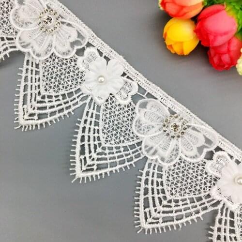1Yd 80mm Wide Organza Flower Guipure Pearls Lace Trim Beaded Rhinestone Ribbon Sewing Craft For Wedding Dress Clothes Decorative