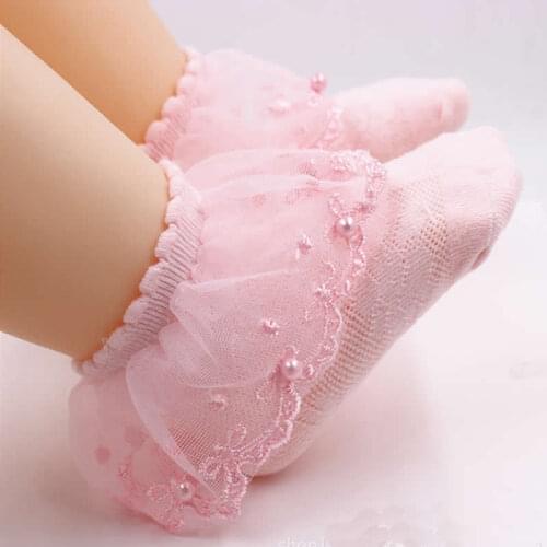 Toddler Lace Socks Baby Ruffles Socks Comfortable Baby Girls Lace Socks Infant Newborn Lace Socks with Pearl on Top