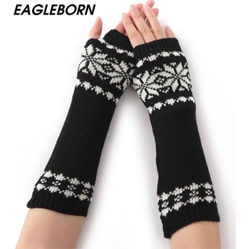 EAGLEBORN Women Winter Arm Warmers Fingerless Long Gloves Warm Mittens Elbow Thread Knitted Sleeves 32cm Glove