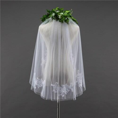 In Stock Short One Layer waist length Stick Crystal appliqued white ivory wedding veil bridal veils