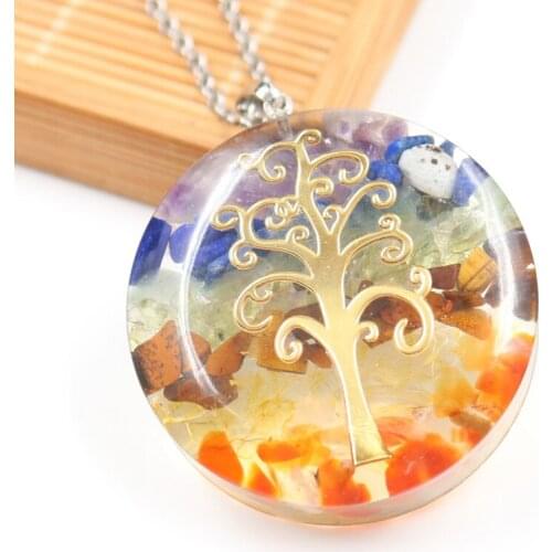 FYSL Light Yellow Gold Color Rainbow Stone and Resin Round Pendant Orgone Energy Necklace Tree of Life Jewelry