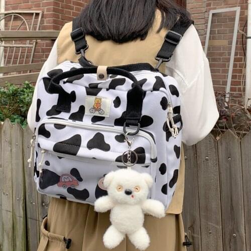 New Lovely Cow Spotted Women And Girls Backpack Female Multifunction Travel Bag Transparent Front Pocket Small School Bags