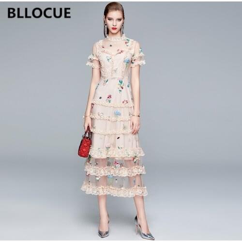 BLLOCUE New Fashion Runway Summer Dress Womens Short Sleeve Ruffles Floral Embroidery Elegant Mesh Lace Layer Cake Dresses