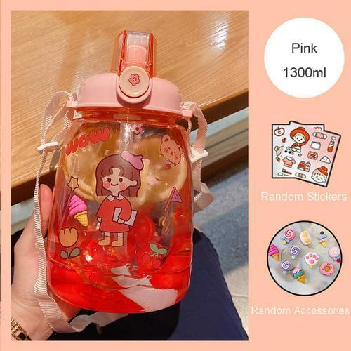 Portable Water Bottle With DIY Stickers And Shoulder Strap 1.3L Large Capacity Cute Jug Bottles Leakproof Sports Water Drink Cup