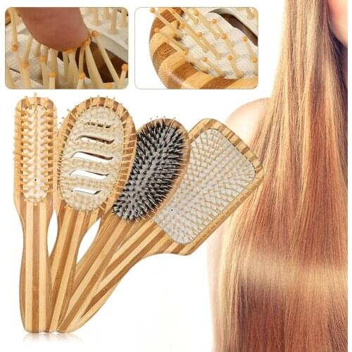 Portable Natural Bamboo Hair Care Prevent Hair Loss Anti-Static Paddle Handle Massage Hair Brushs Cushion Comb Modeling Tools