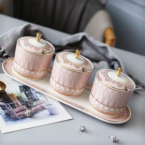 Nordic Light Luxury Ceramic Salt Pepper Kitchen Sugar Bowl Condiment Container Seasoning Pot with Lid and Spoon Home Spice Jars