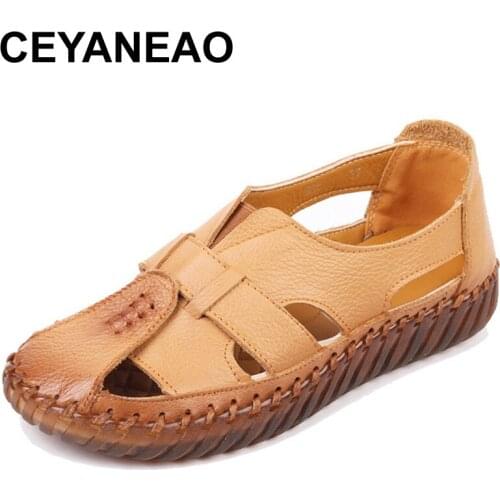 CEYANEAO Women summer shoes soft Genuine leather comfort sandals women female handmade fshion flat women sandals big size E1772