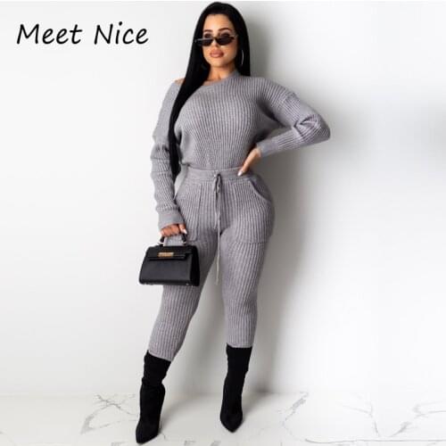 2 Two Piece Set Women Ribbed Sweat Suits O Neck Top and Long Pants Set Sexy Long Sleeve Tracksuit Women Conjunto Feminino