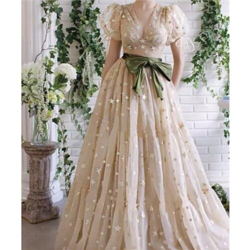 Evening Dresses Long 2020 A-line Tulle Appliques Prom Dresses V-neck Bow Robe De Soiree Short Sleeves vestidos LE40790