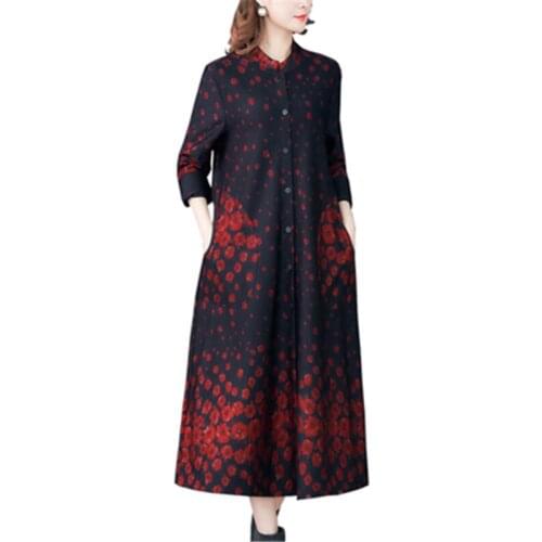 New Spring Autumn Retro Womens Windbreaker Print Flowers Trendy Lady Cardigans Plus Size Female Overcoat Winter Thick Long Coat