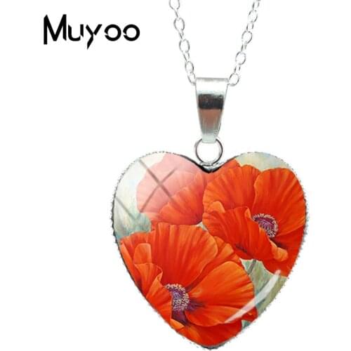 Vinatge Field of Poppies Flower Floral Pattern Heart Pendants Red Flowers Painting Jewelry Heart Necklace Gifts for WomenHZ3