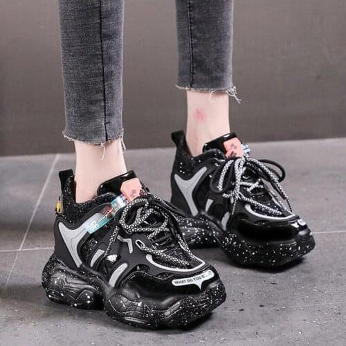 Rimocy Silver Glitter Chunky Sneakers Women Spring New Super High Heels Platform Sneakers Woman Height Increasing Casual Shoes