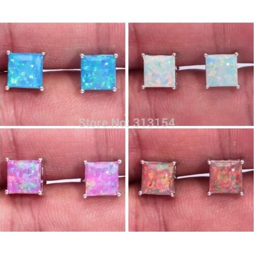 CiNily Created Orange White Blue Pink Opal Silver Plated Wholesale Square Shape for Women Jewelry Stud Earrings 8mm OH2889-92