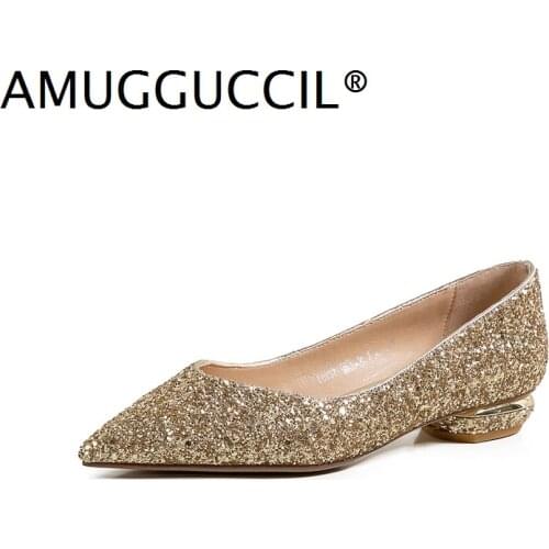 2021 New Leather Plus Big Size 34-40 Gold Silver White Fashion Low Heel Female Lady Women Shoes Pumps D1377