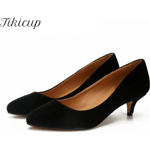 Tikicup Plus Size 36-48 Women 5cm/2" Kitten Heel Flock Pumps Sythenic Suede Elegant Ladies Pointed Toe Comfortable Slip On Shoes