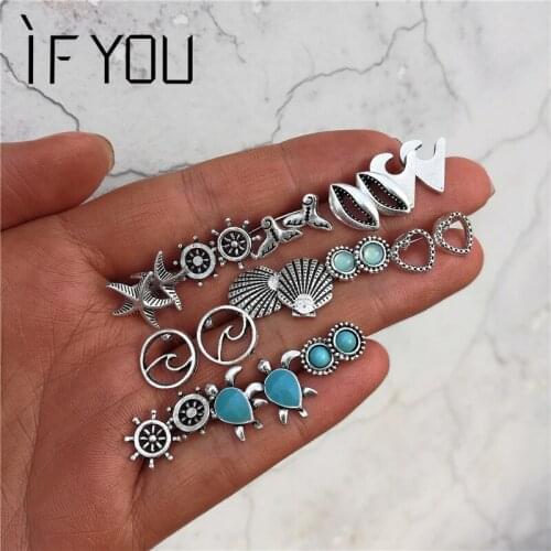 IF YOU Vintage Starfish Shell Stud Earrings Set For Women Bohemian Turtle Stone Antique Silver Color Earring Female Jewelry