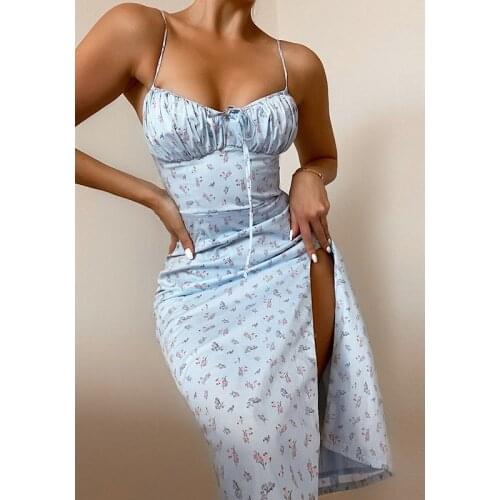 Women Summer Sleeveless Floral Dress Casual Vintage Lace Up Dress Midi Party Beach Sexy Female Elegant Long Dresses Vestidos