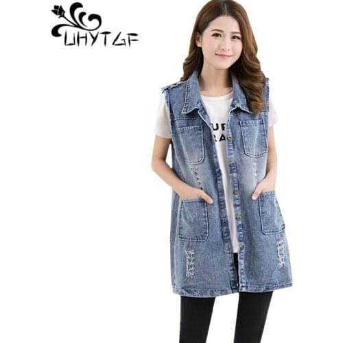 UHYTGF Vests for women sleeveless spring autumn denim vest waistcoat Female Single-breasted loose 5XL plus size vest jacket 1174