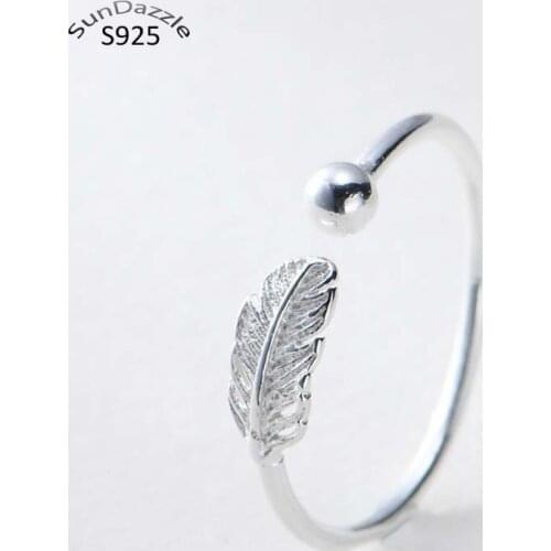 100% Genuine Real Pure Solid 925 Sterling Silver Rings for Women Fine Jewelry Feather Adjustable Female Finger Ring Party Bague