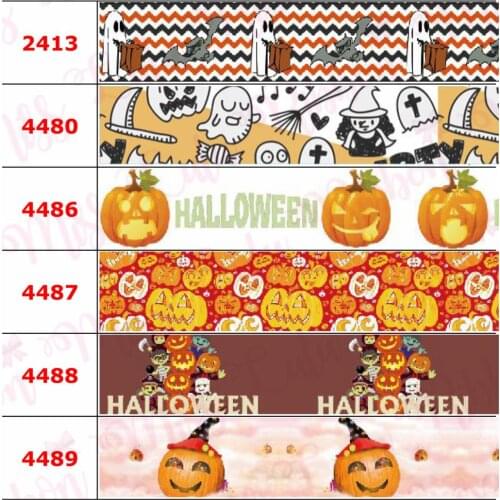16mm-75mm Halloween Series Web Ghost Star Candy Bat Printed Grosgrain/Foe Ribbon Geometric Wave DIY Hair Bowknots 50yards/roll