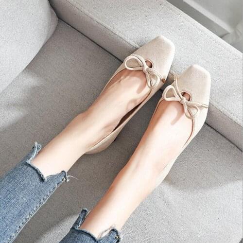 2020 elegant ladies bowtie Mid-high heels single shoes square toe mules ladies chunke heels flock pumps bow tacones mujer NS76