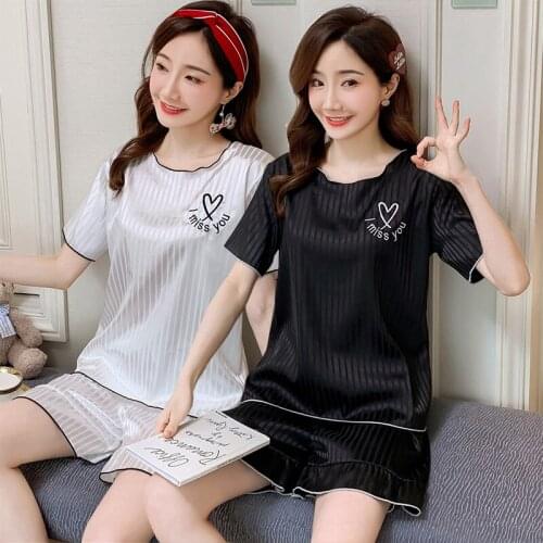 2021 Summer Silk Satin Short Sleeve Pajama Sets for Women Korean Shorts Sleepwear Suit Pyjama Homewear Pijama Mujer Home Clothes
