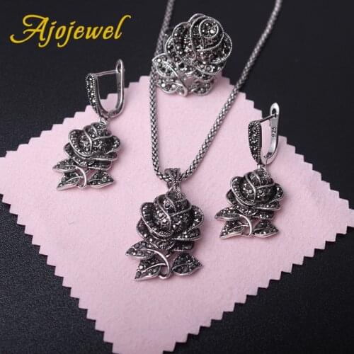 Ajojewel Vintage Black Rhinestones Rose Flower Jewelry Sets For Women Necklace Earring And Ring Elegant Party Gift