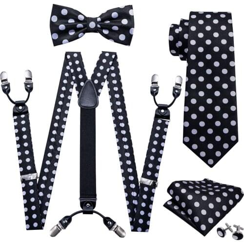 Fashion Pre-Bow Tie Black Dot Silk Ties For Men Suspenders Handkerchief Cufflink Set Barry.Wang Designer wedding Gift S-2003