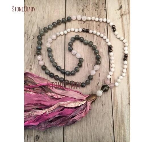 Hand Knotted Bohemian Jeewlry Moonstone and Labradorite Sari Tassel 108 Mala Necklace Holiday Sale NM11112