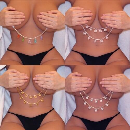 Fashion Rhinestone Non Piercing Butterfly Nipple Chain for Women Jewelry Luxury Body Chain Harness Bikini Sexy Accessories