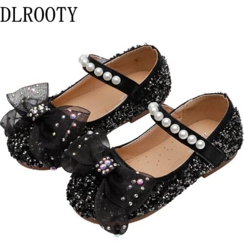 Children Shoes Girl Bow-Knot Crystal Bling Pearl Hook & Loop Princess Kids Casual Child Flat Leather Soft Running Spring Loafers