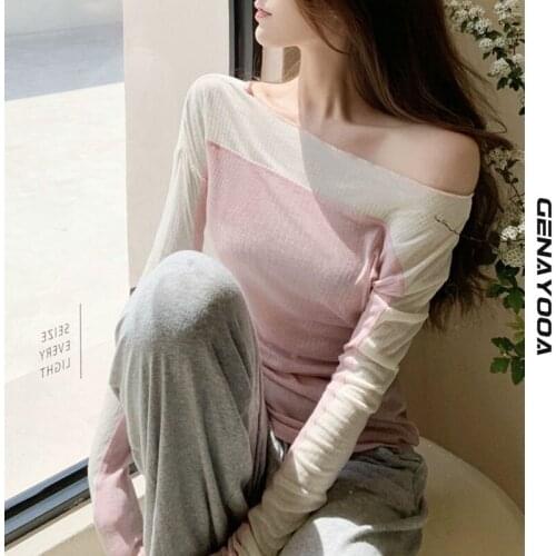 Genayooa Patchwork T Shirt Women Clothes Long Sleeve Elastic Sexy Womens T-shirt Harajuku Tops Tee Shirt Femme 2021 Summer