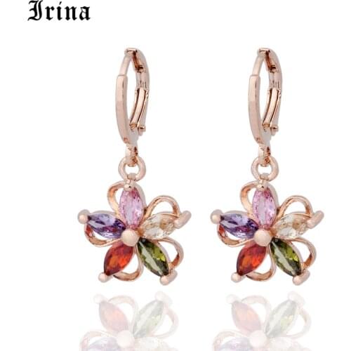 Irina 585 Beautiful Multiple Cute Romantic Colors Flower Rose Gold Earrings Colorful AAA Zircon Drop Earrings Women 's Party