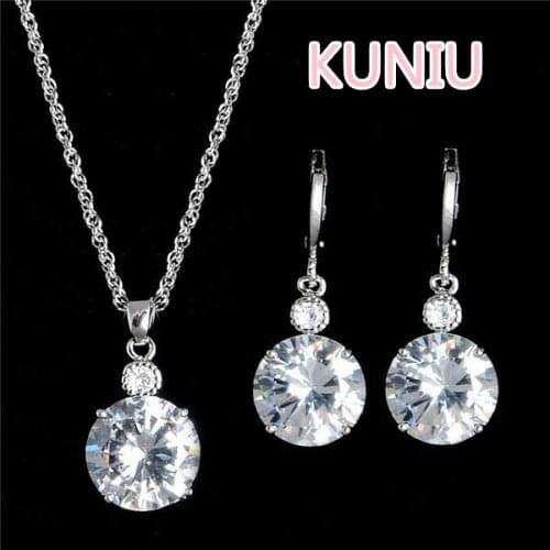 Classic Women Earrings Necklace Set White Yellow Gold Filled Cubic Zirconia CZ Pendant Necklace Earrings Wedding Jewelry Set