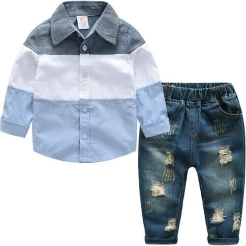 Boys Clothing Set 2018 Spring/autumn Childrens Clothes Suits Boys Shirt+ Jeans Pants Long Sleeve Jacket +Holes Trousers Suit