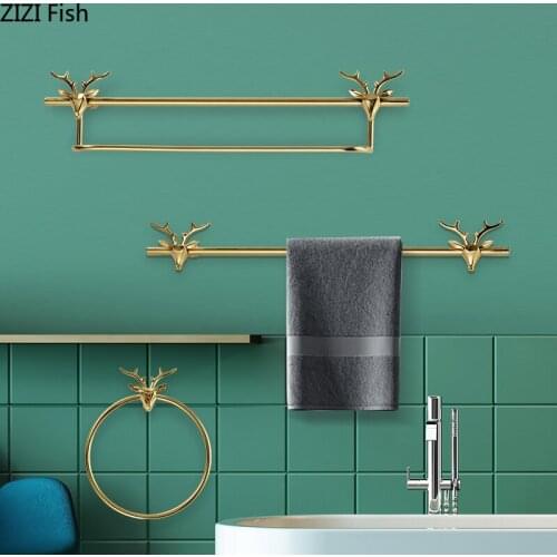Creative Copper Deer Decoration Hook Towel Bar Ring Bath Towel Golden Pendant Bathroom Double Towel Rack Home Decor Accessories