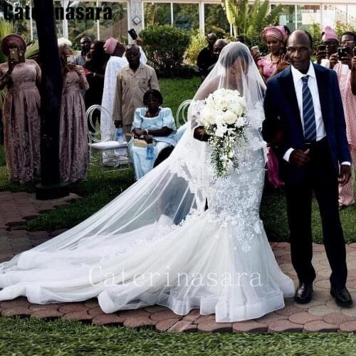 Lace Off-the-shoulder Mermaid Wedding Dress Lace-up Organza Bridal Gown with Veil Plus Size Custom Made