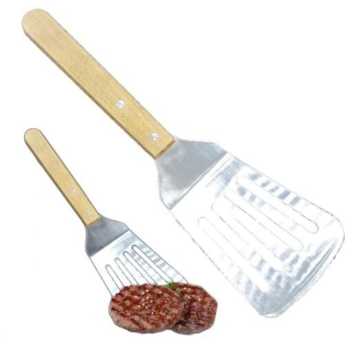 Stainless Steel Slotted Turner Pizza Shovel Pork Burgers Scoop Multi-purpose Wooden Handle Restaurant Steak Shovel Cutlery 1pcs