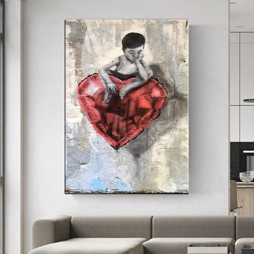 Boy Sitting on Love Balloon Thinking Picture Canvas Printed Painting Modern Funny Thinking Wall Art Poster Living Room Decor