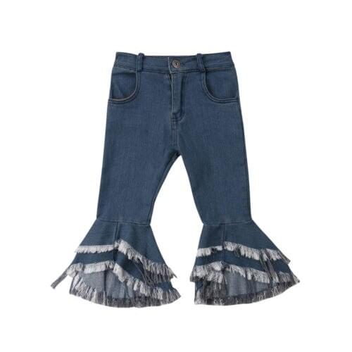 Fashion Girls Jeans Long Pants Toddler Denim Ruffle Flare Pants Trousers Slacks Size 3-7T